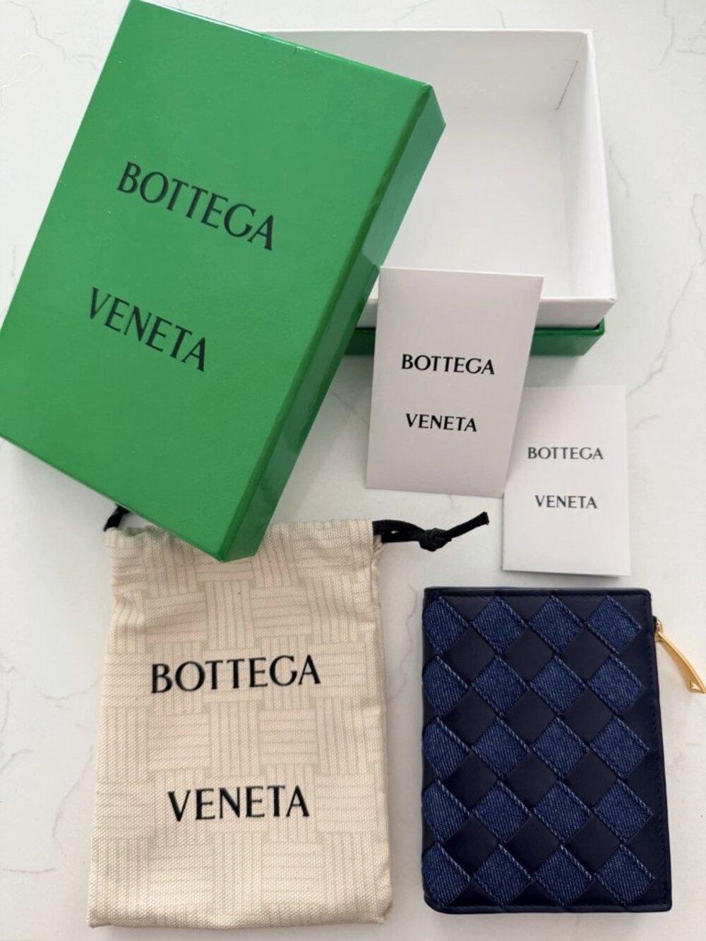 Bottega Veneta Intrecciato Denim Leather Zip Wallet Navy Blue New w Box Dust Bag
